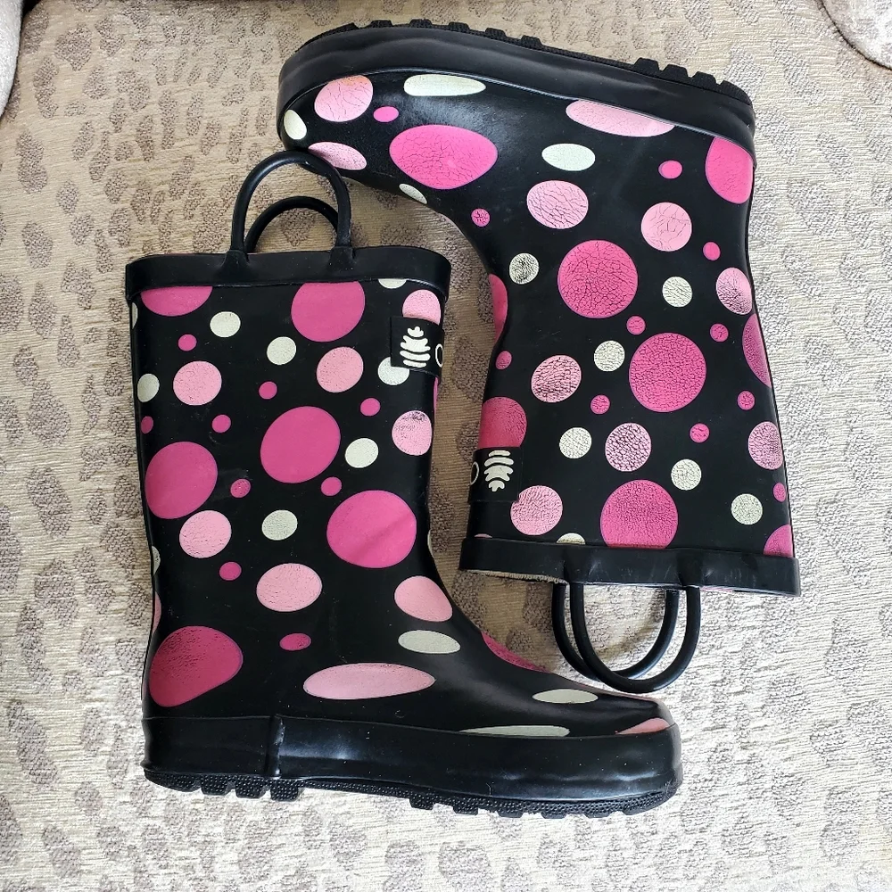 Oaki Kids Black Rain Loop Boots with Pink & White Polka Dots Size 11 Toddler